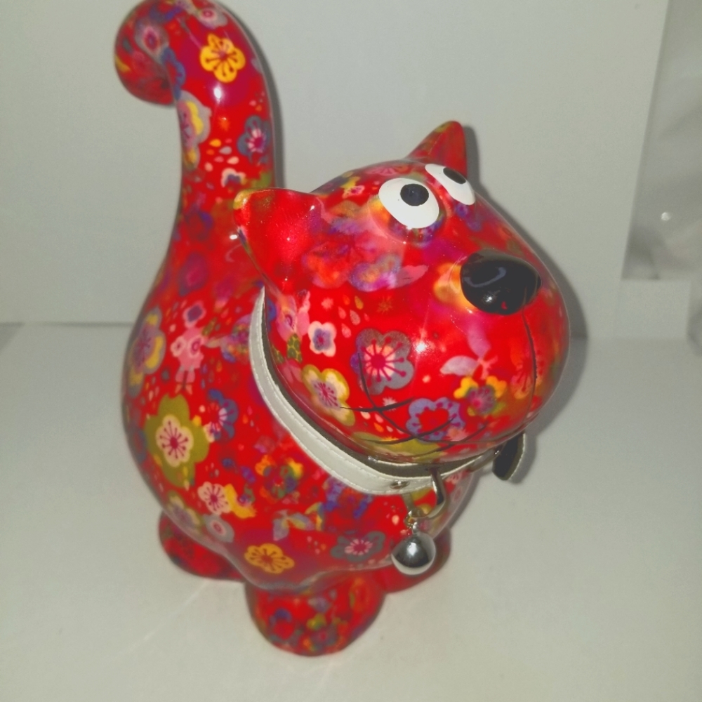 POMME-PIDOU Decorative Money Box cat Dorothy |   Ceramic | red | Flowers 8"x8"